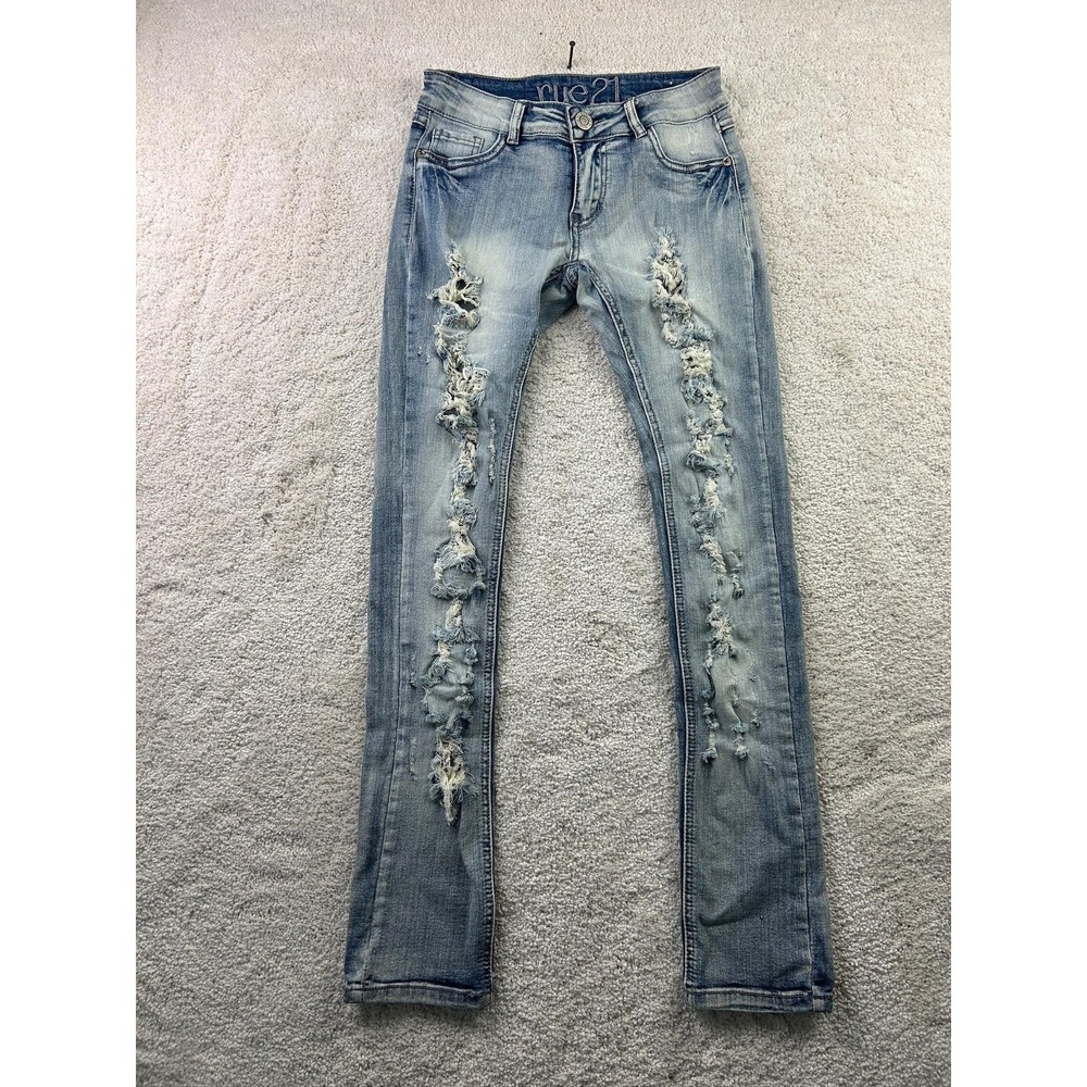Rue21 Jeans Womens 0 Light Blue Distressed Ripped Skinny Denim Raw Hem Pants